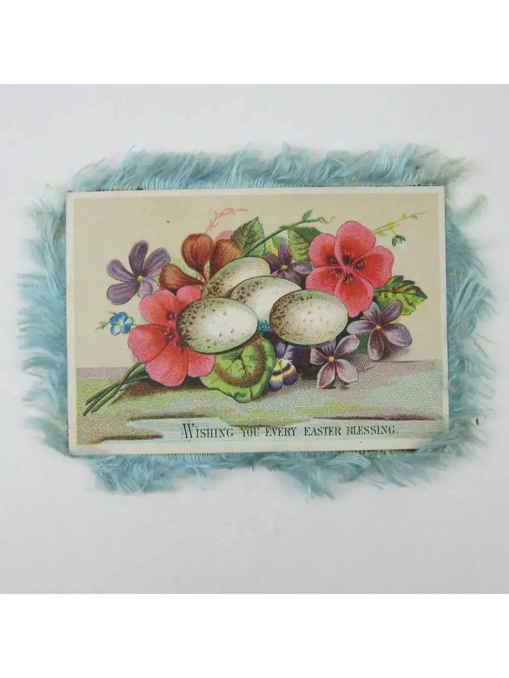 Victorian Greeting Card Easter Blue Silk Fringe Double Sided Flowers Egg Antique